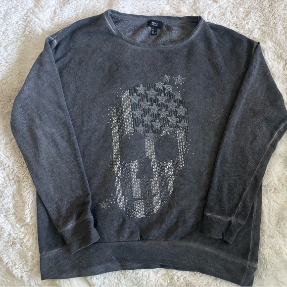 MNG Jeans Gray Silver Flag Skull Design Studded LS Sweatshirt Top Womens Size XL - Picture 1 of 4